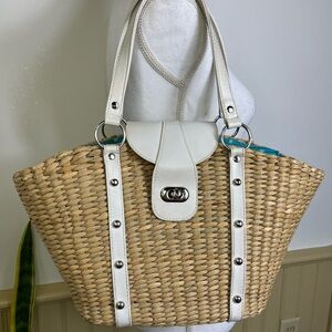 Straw Tote Bag with White Leather Trim & Polka Dot Lining